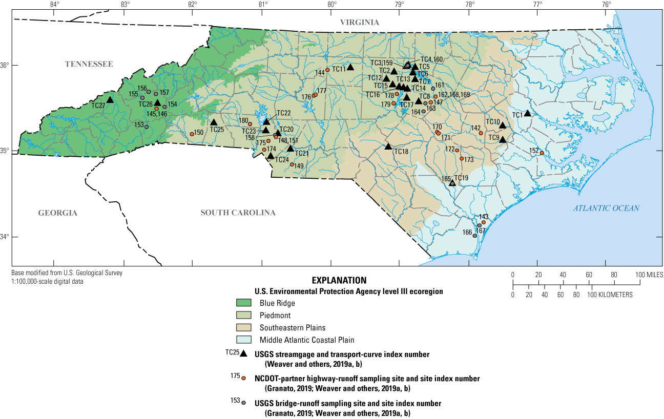 Highway-runoff and stream water-quality data collection sites are dispersed across
                     the ecoregions in North Carolina.