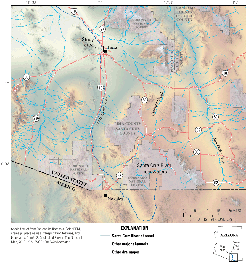 1.	A topographic map of southern Arizona, showing major waterways and roads, with
                     a box around the study area.