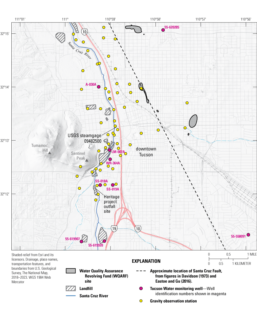 2.	Gray circles on a map of the study area near Tucson, indicating locations of gravity
                     monitoring stations, and pink circles indicating Tucson Water wells.