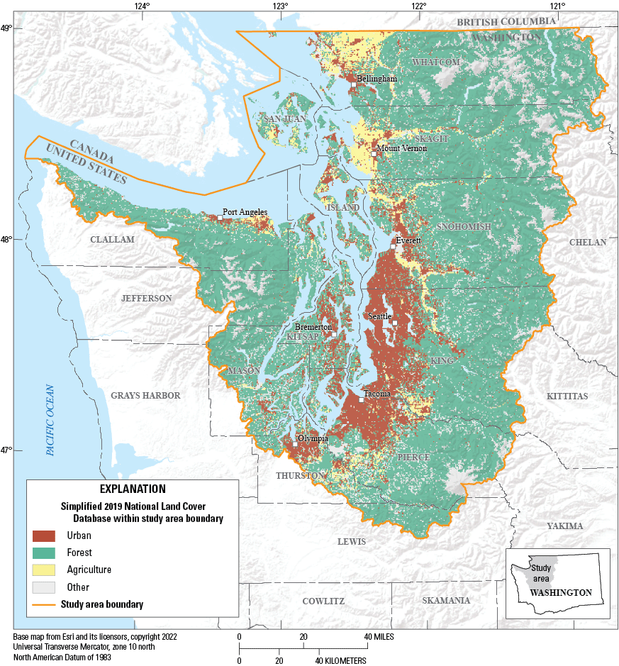 Map showing study area and associated land cover, Puget Sound basin, Washington.