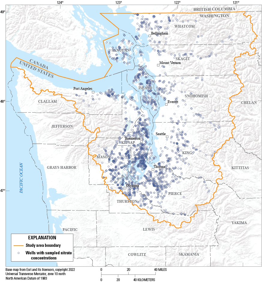 Map showing location of large public water supply system (Group A) wells used to develop
                        logistic regression vulnerability models, Puget Sound basin, Washington.