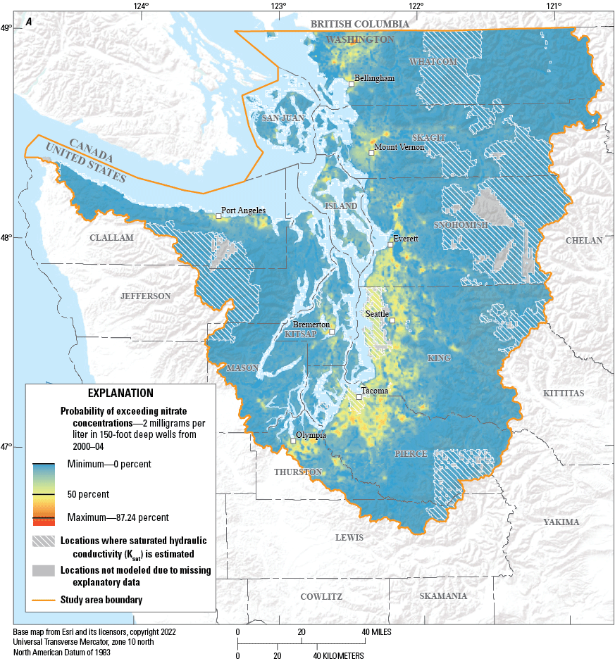 Maps showing probability of exceeding nitrate concentrations of 2 milligrams per liter
                     in 150-foot-deep wells, in Puget Sound basin, Washington, during 2000–04, 2005–09,
                     2010–14, and 2015–19.