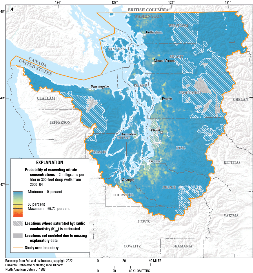 Maps showing probability of exceeding nitrate concentrations of 2 milligrams per liter
                     in 300-foot-deep wells, in Puget Sound basin, Washington, during 2000–04, 2005–09,
                     2010–14, and 2015–19.