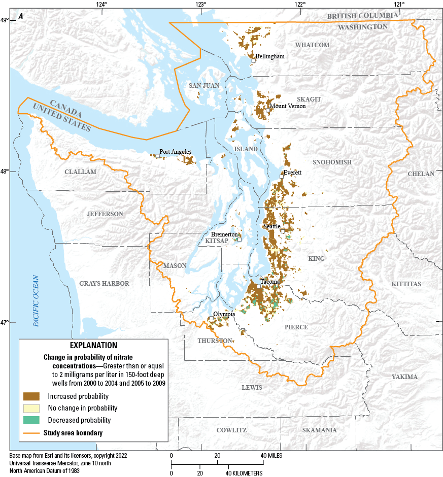 Maps showing direction of change in the probability of exceeding 2 milligrams per
                     liter of nitrate for those 150-foot-deep wells, in Puget Sound basin, Washington,
                     with a probability greater than or equal to 50 percent for at least one of the two
                     time periods from 2000–04 to 2005–09, 2005–09 to 2010–14, and 2010–14 to 2015–19.