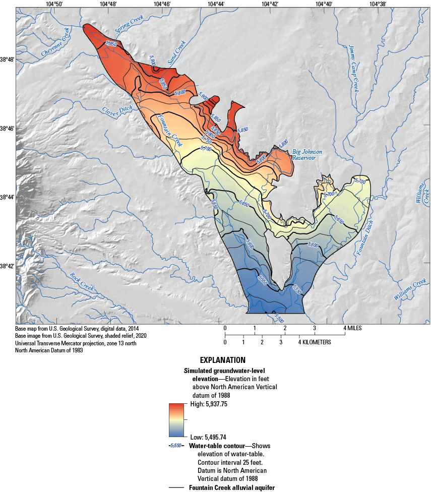 The map shows the highest simulated groundwater-level elevations in the northwest
                     corner of the aquifer, declining toward the southern end.