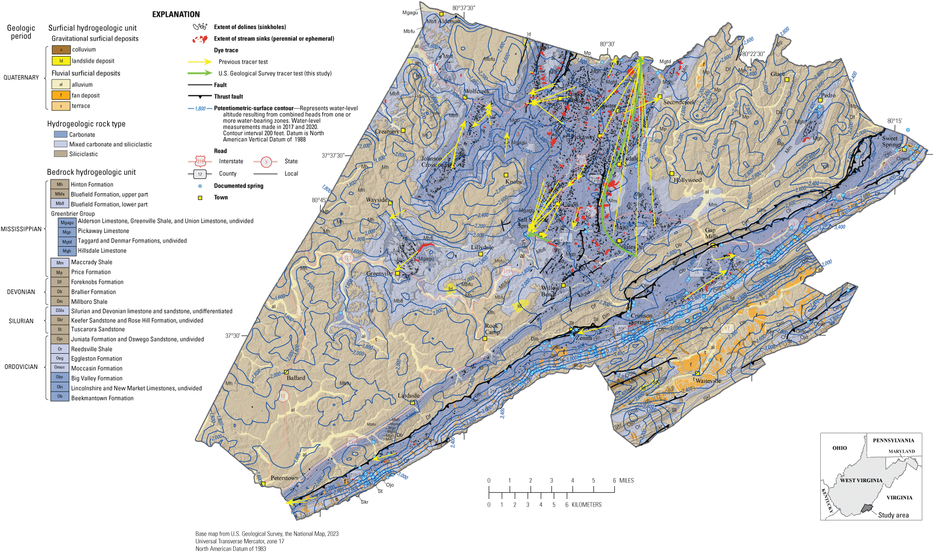 Most of the surficial hydrogeologic deposits are southeast of the thrust faults.