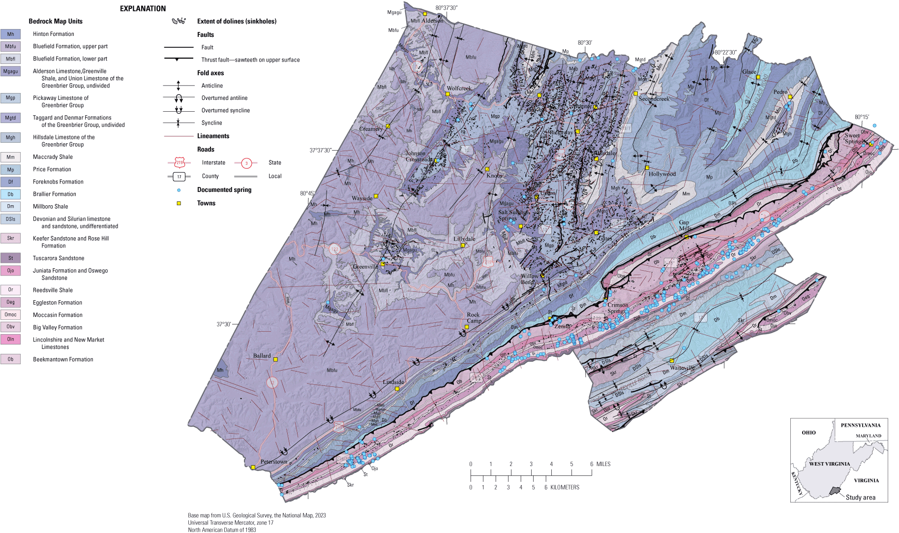 Bluefield Formation is dominant to the west, sinkholes are clustered in the north,
                        faults run to the northeast with springs east of the faults.