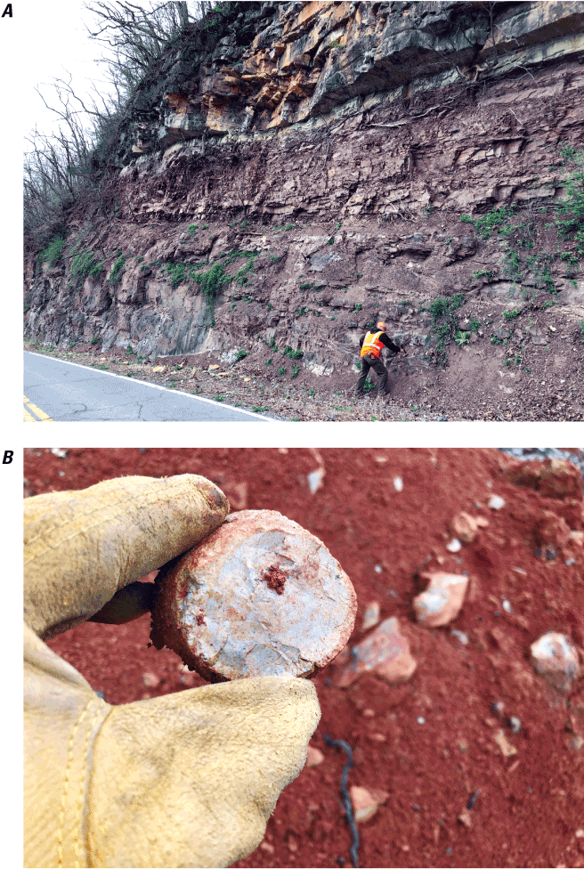 Photograph A shows a cross-section of exposed rock along a road. Photograph B shows
                              a chert nodule that is round and about 1.5 inches in diameter.