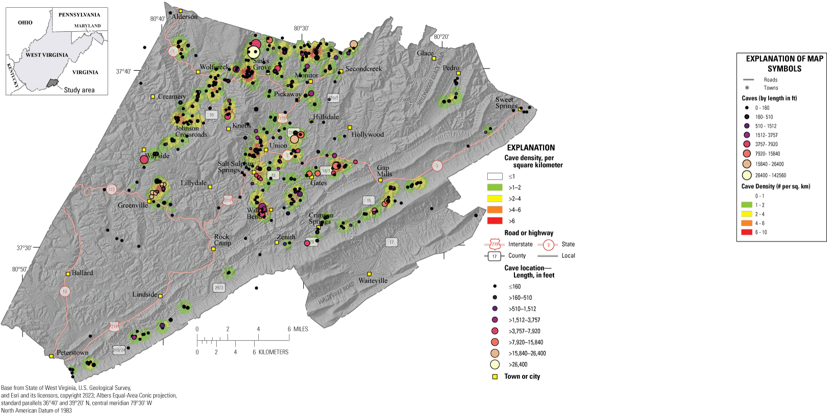Cave distribution and density is highest in the north central part of the county
