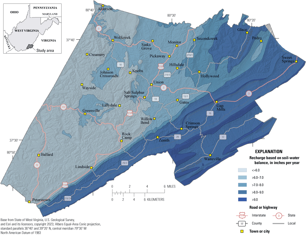The greatest Soil-Water-Balance recharge estimates distribute along the southern edge
                        of the county, near Peters Mountain, and a pocket in the northeast.