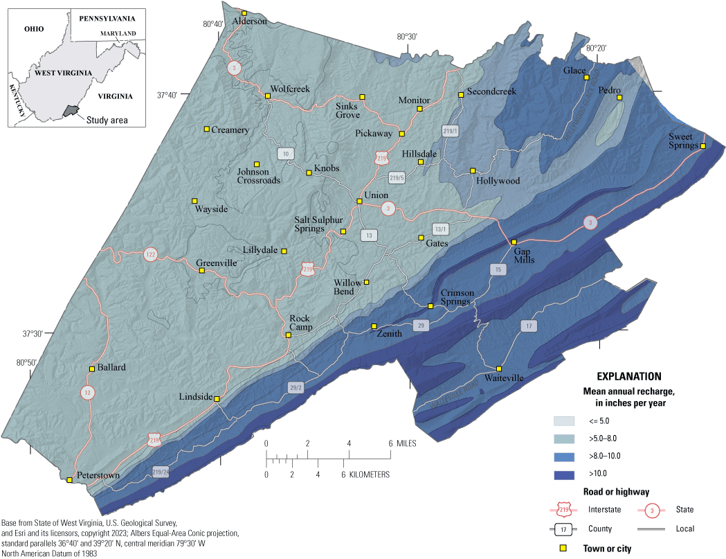 The greatest regional recharge estimates distribute along the southern edge of the
                        county, near Peters Mountain, and a pocket in the northeast.