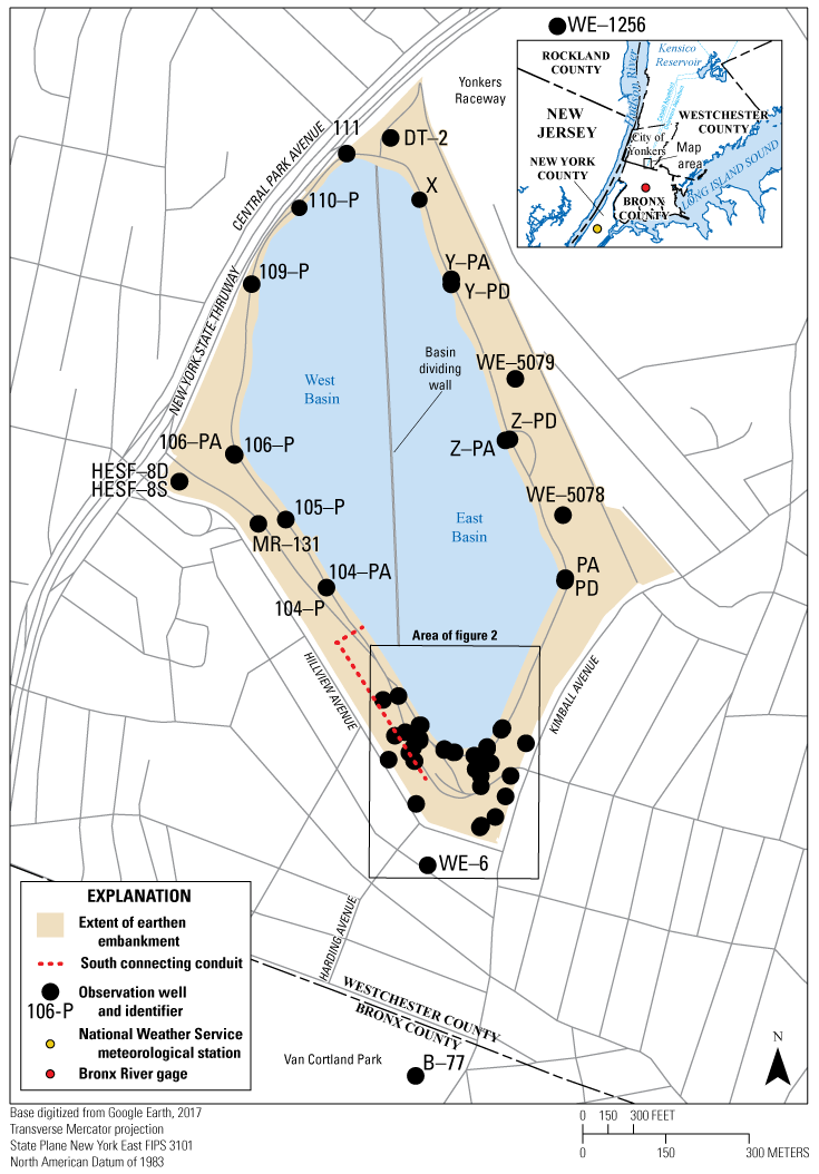 Most wells are within the earthen embankment area around the East Basin.