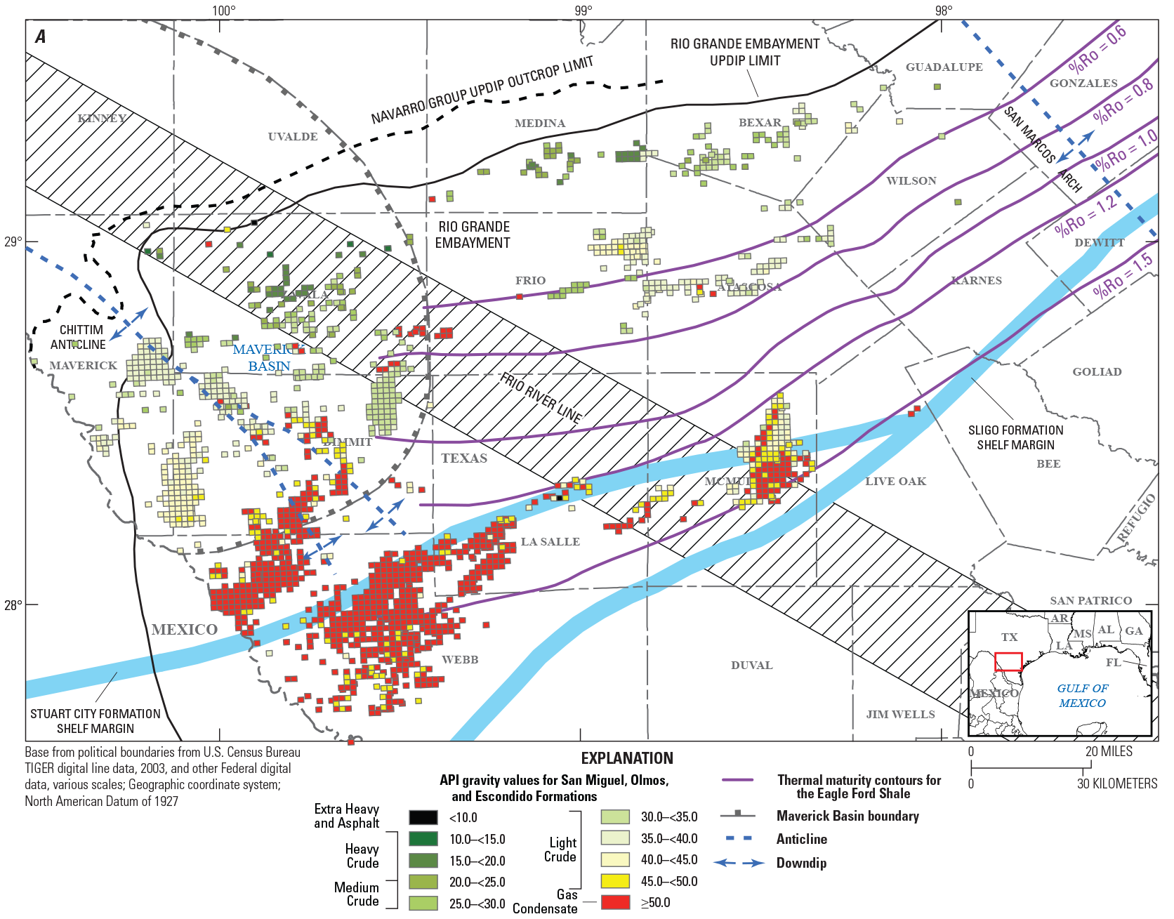 Values for API are highest in the south of the Maverick Basin and lower in the north,
                        and GOR follows a similar pattern. The Eagle Ford Shale shows a pattern of increasing
                        vitrinite reflectance from northwest to southeast.