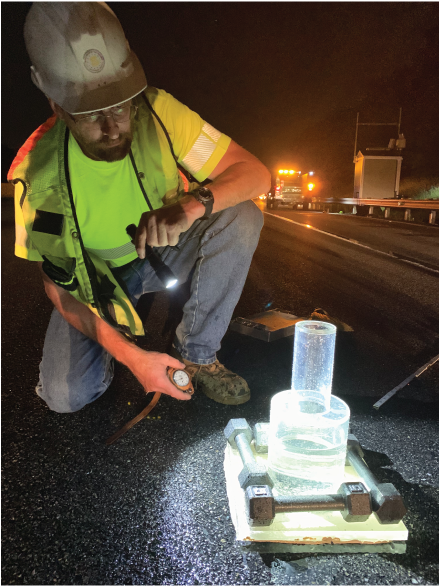 Permeameter tests were conducted at night on the open-graded friction course pavement.