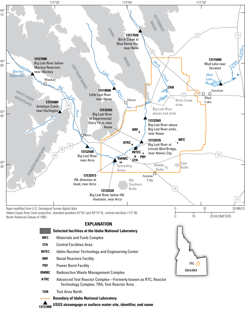 Figure 1. Location of the Idaho National Laboratory, surface-water streamgages, and
                     selected facilities, eastern Snake River Plain, southeastern Idaho.