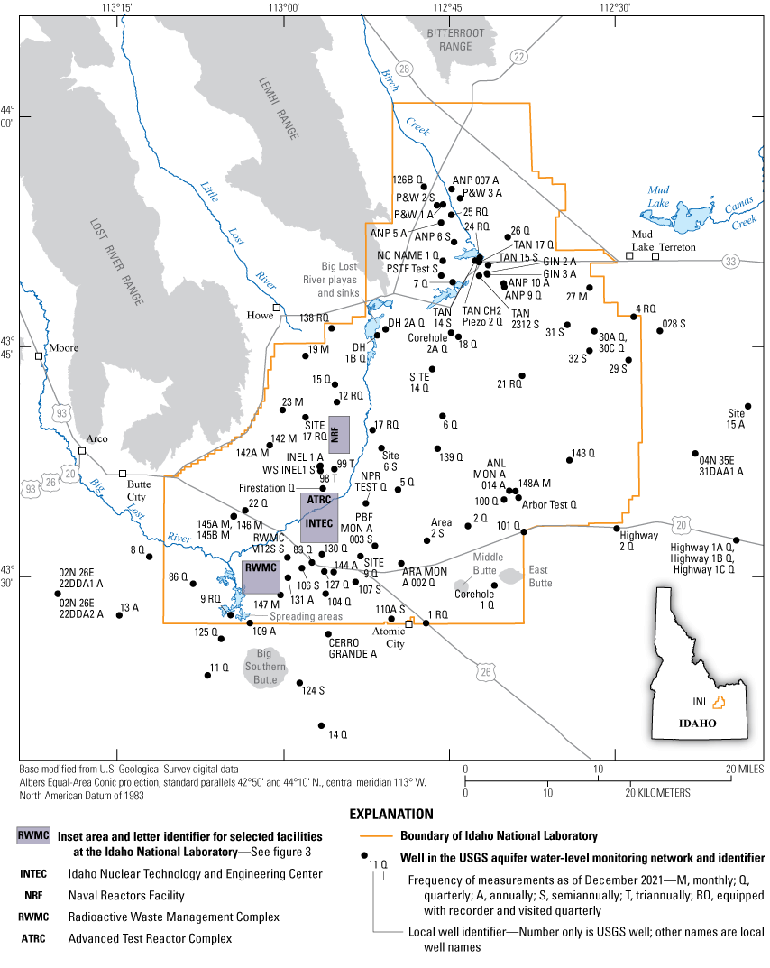 Figure 2. Map showing locations of wells in the U.S. Geological Survey (USGS) aquifer
                        water-level monitoring network at and near the Idaho National Laboratory, Idaho, and
                        the frequency of water-level measurements, as of December 2021. 