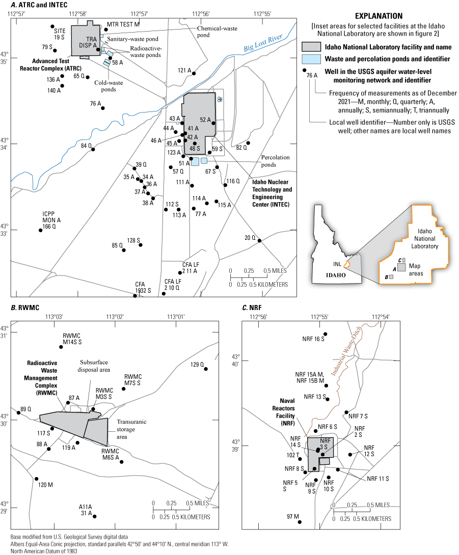 Figure 3. Map showing locations of wells in the U.S. Geological Survey aquifer water-level
                        monitoring network at the Advanced Test Reactor Complex, Idaho Nuclear Technology
                        and Engineering Center, Radioactive Waste Management Complex, and Naval Reactors Facility,
                        Idaho National Laboratory, Idaho, and the frequency of water-level measurements, as
                        of December 2021