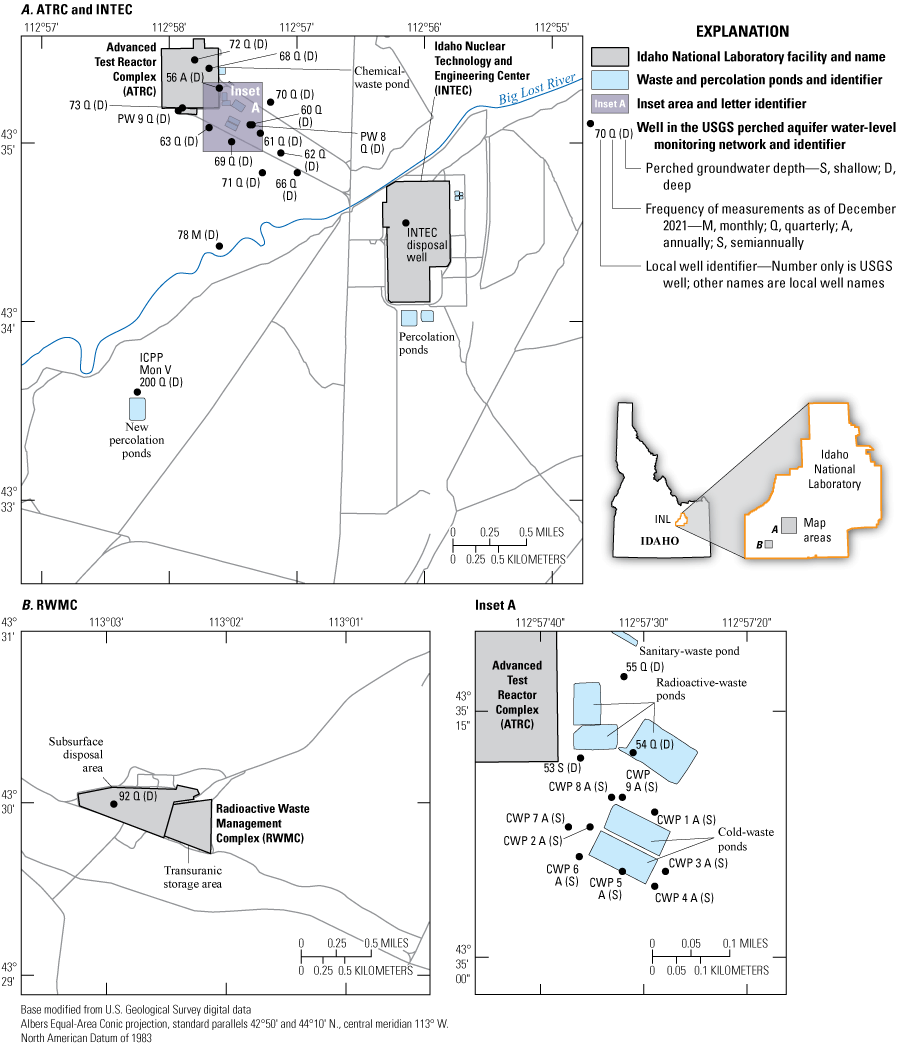 Figure 4. Map showing the location of wells in the U.S. Geological Survey perched
                        groundwater-level monitoring network at the Advanced Test Reactor Complex, Idaho Nuclear
                        Technology and Engineering Center, and Radioactive Waste Management Complex, Idaho
                        National Laboratory, Idaho, and the frequency of water-level measurements, as of December
                        2021.