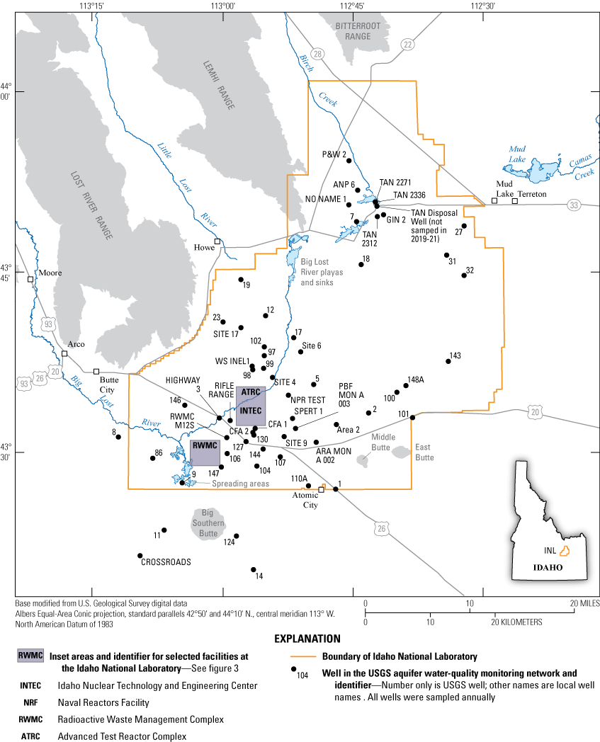 Figure 5. Map showing locations of wells in the U.S. Geological Survey (USGS) aquifer
                        water-quality monitoring network at and near the Idaho National Laboratory (INL),
                        Idaho, December 2021.
