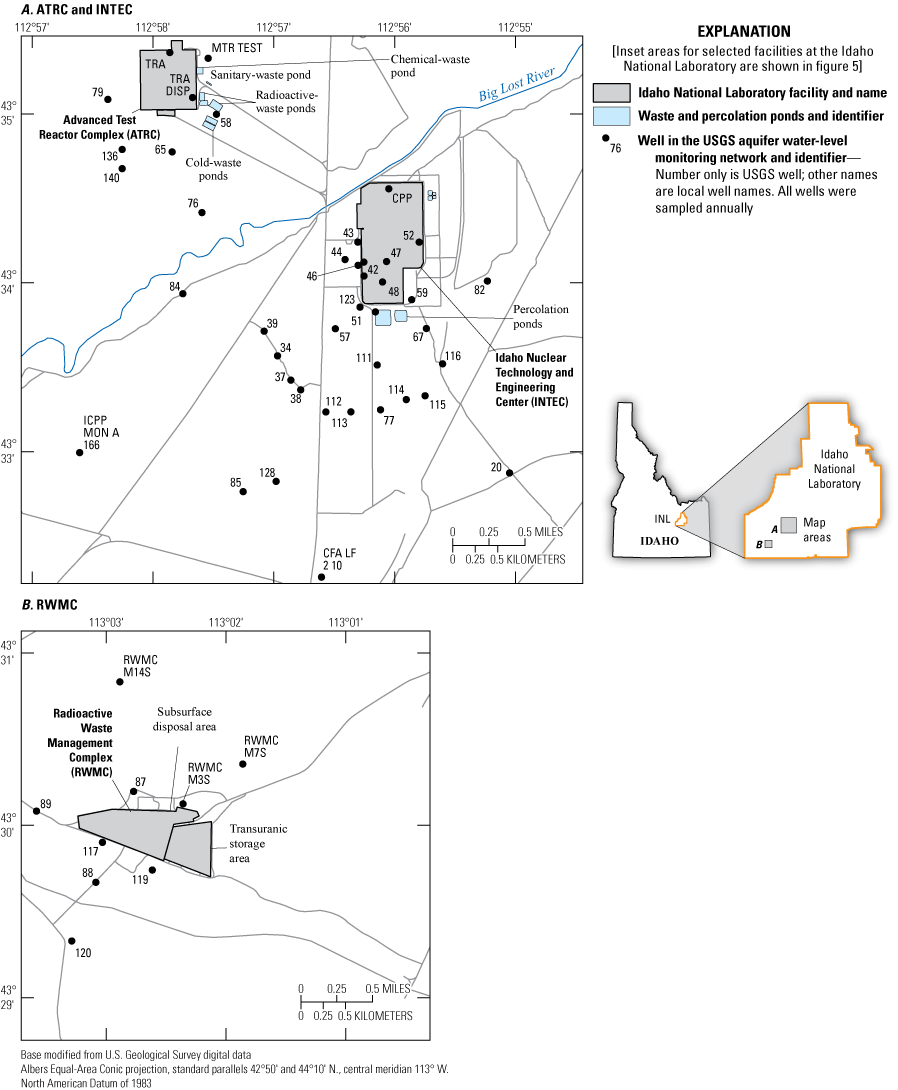 Figure 6. Map showing the locations of wells in the U.S. Geological Survey aquifer
                        water-quality monitoring network at the Advanced Test Reactor Complex, Idaho Nuclear
                        Technology and Engineering Center, and Radioactive Waste Management Complex, Idaho
                        National Laboratory, Idaho, December 2021.