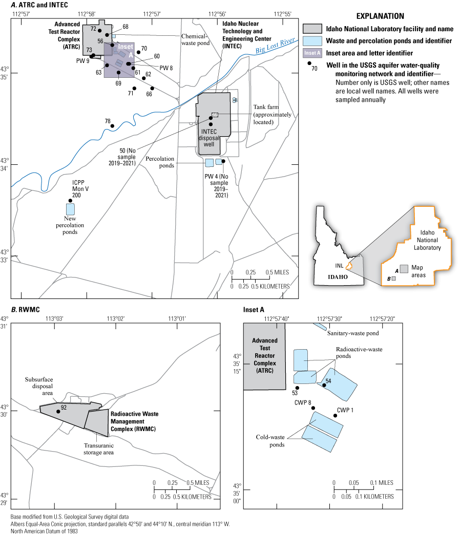 Figure 7. Map showing the locations of wells in the U.S. Geological Survey perched
                        groundwater-quality monitoring network at the Advanced Test Reactor Complex, Idaho
                        Nuclear Technology and Engineering Center, and Radioactive Waste Management Complex,
                        Idaho National Laboratory, Idaho, as of December 2021.