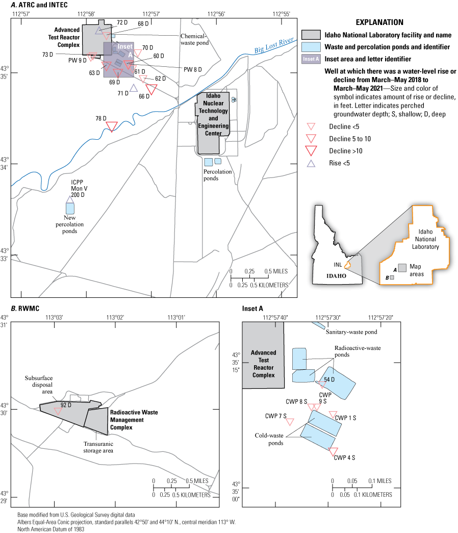 Figure 12. Map showing generalized rise or decline in perched groundwater levels at
                        and near Idaho National Laboratory, Idaho, March–May 2018 to March–May 2021.