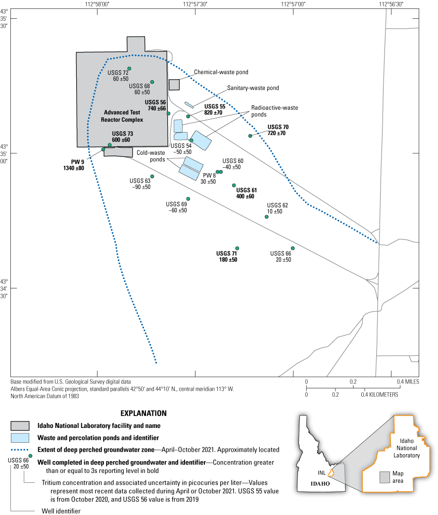 Figure 24. Map showing tritium concentrations from wells completed in deep perched
                           groundwater, Advanced Test Reactor Complex, Idaho National Laboratory, Idaho, 2021.
                           Data can be found in Fisher and others (2024).