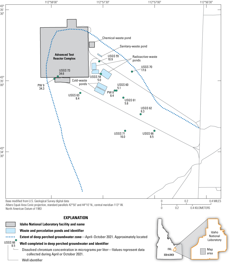 Figure 25. Map showing dissolved chromium in water from wells completed in deep perched
                           groundwater, Advanced Test Reactor Complex, Idaho National Laboratory, Idaho, 2021.
                           