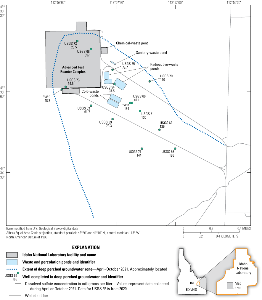 Figure 27. Map showing dissolved sulfate concentrations from wells completed in deep
                           perched groundwater, Advanced Test Reactor Complex, Idaho National Laboratory, Idaho,
                           April or October 2021.