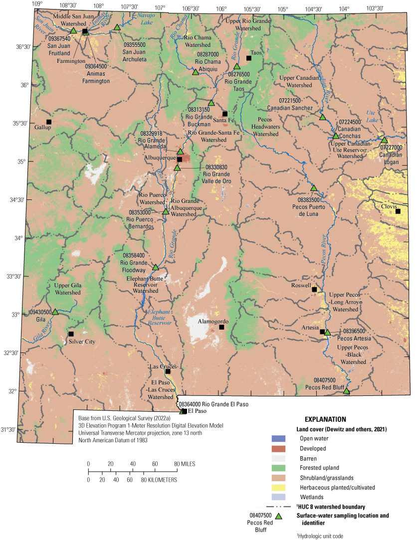 Per- and polyfluoroalkyl substances surface-water sampling locations across New Mexico
                           with land cover, rivers, water bodies, and watersheds.