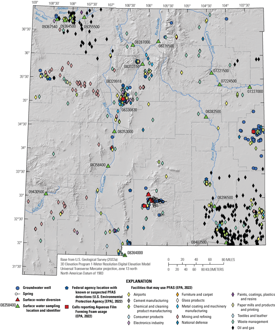 Locations of facilities that may use per- and polyfluoroalkyl substances across New
                        Mexico.