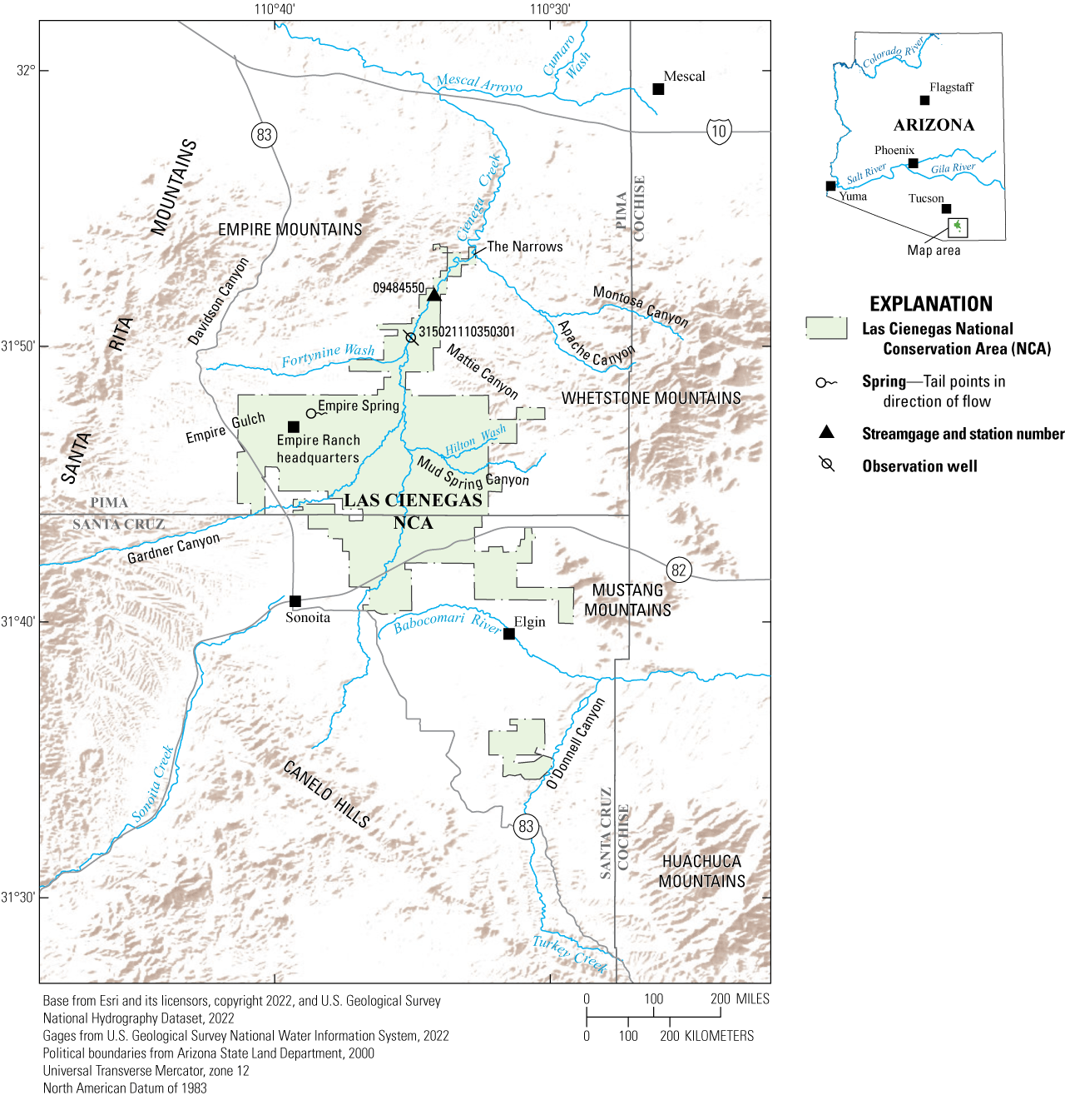 Las Cienegas National Conservation Area spans parts of Pima and Santa Cruz Counties;
                     Cienega Creek vertically bisects the study area.
