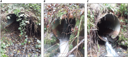 Figure 3. Three panels, each containing a photograph of a culvert.