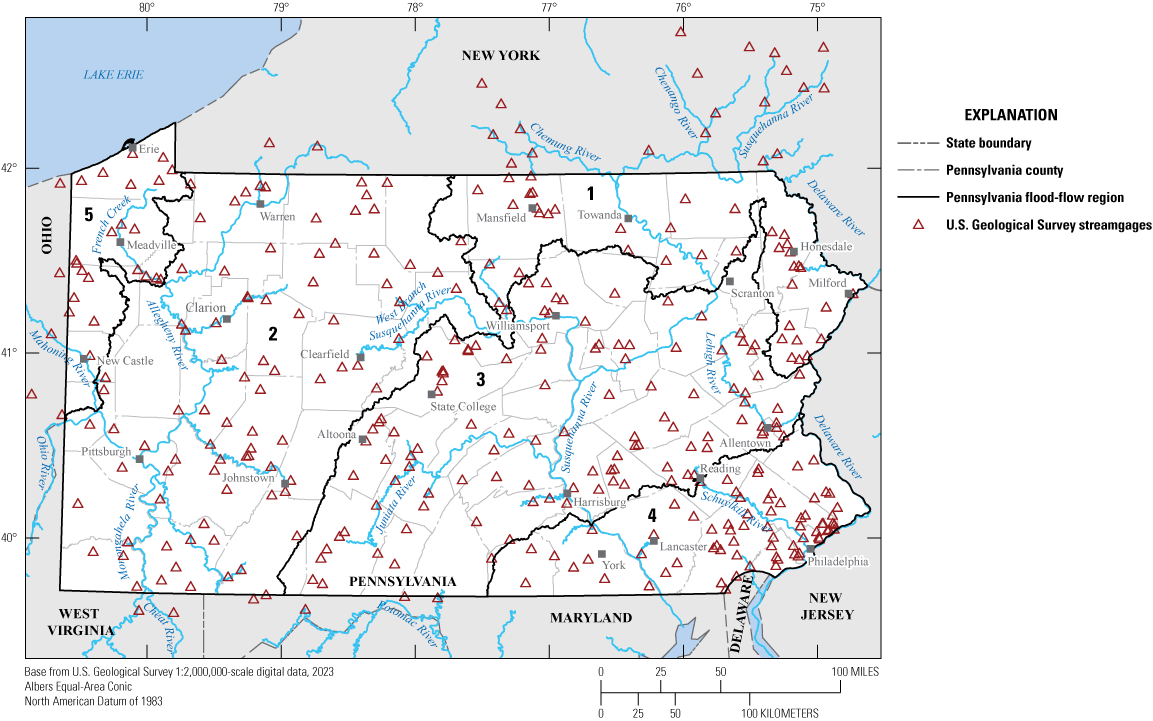 Pennsylvania is divided up into five flood-flow regions of varied sizes. Streamgages
                        were used throughout the State.