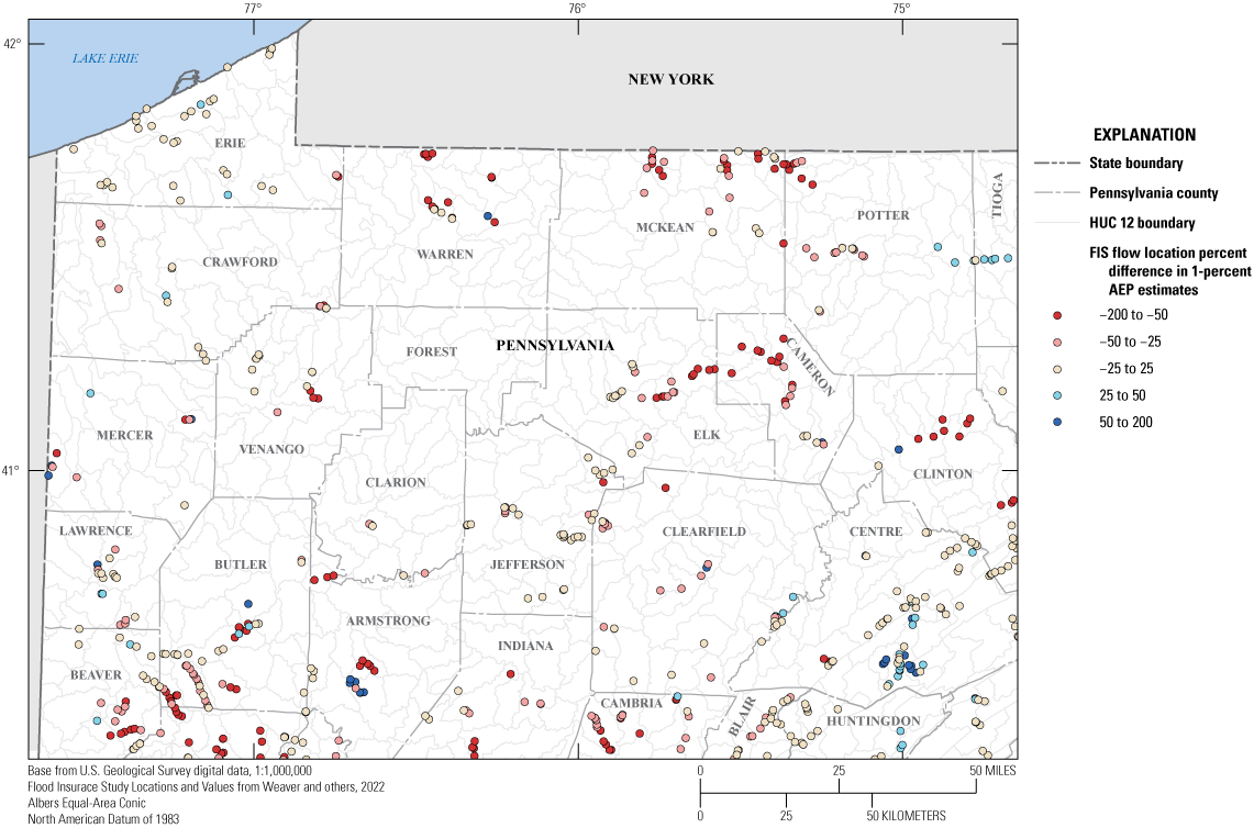McKean, Elk, and Cameron Counties show lineaments where percentage differences in
                     1-percent annual exceedance probability flood flows are generally negative.