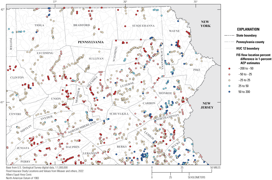 Percentage differences in 1-percent annual exceedance probability flood flows are
                     well-mixed in northeastern Pennsylvania.