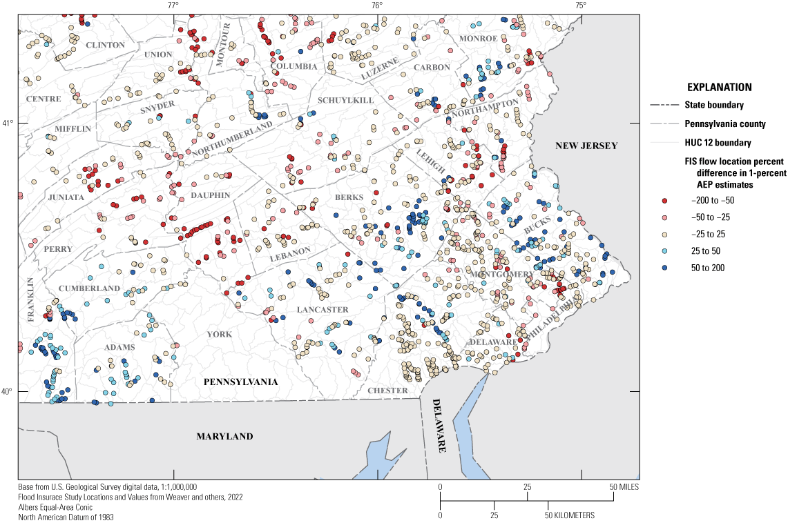 Percentage differences in 1-percent annual exceedance probability flood flows are
                     generally positive in southeastern Pennsylvania.