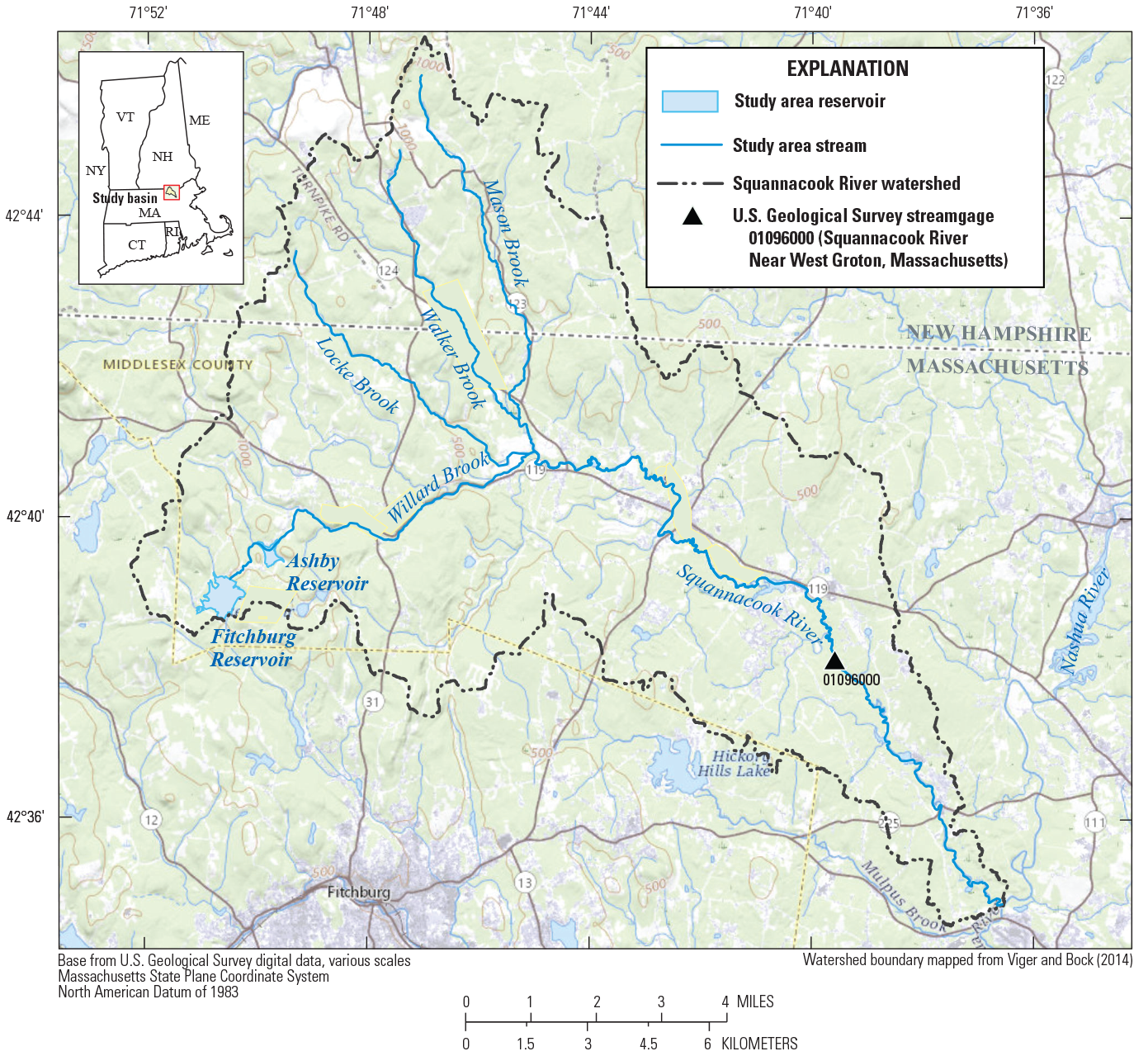 The Squannacook River watershed is mostly in Massachusetts, but the northern part
                        is in New Hampshire