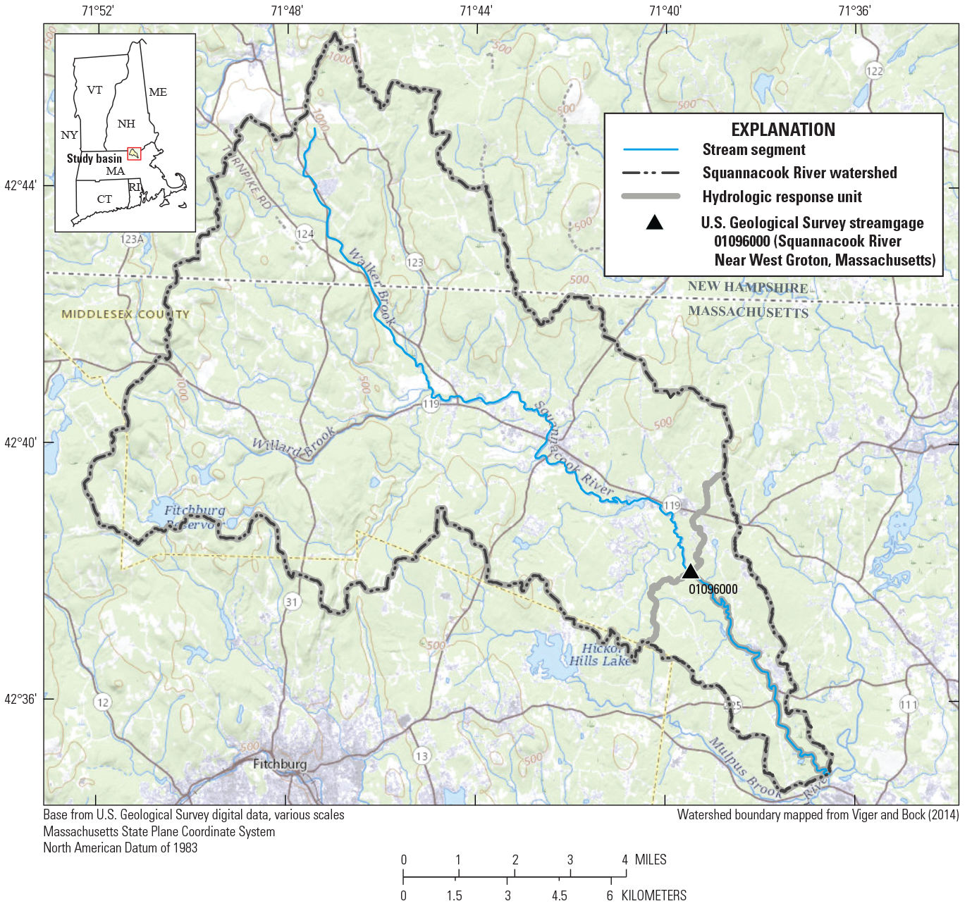 The watershed has two hydrologic response units, and the stream segments run northwest
                        to southeast