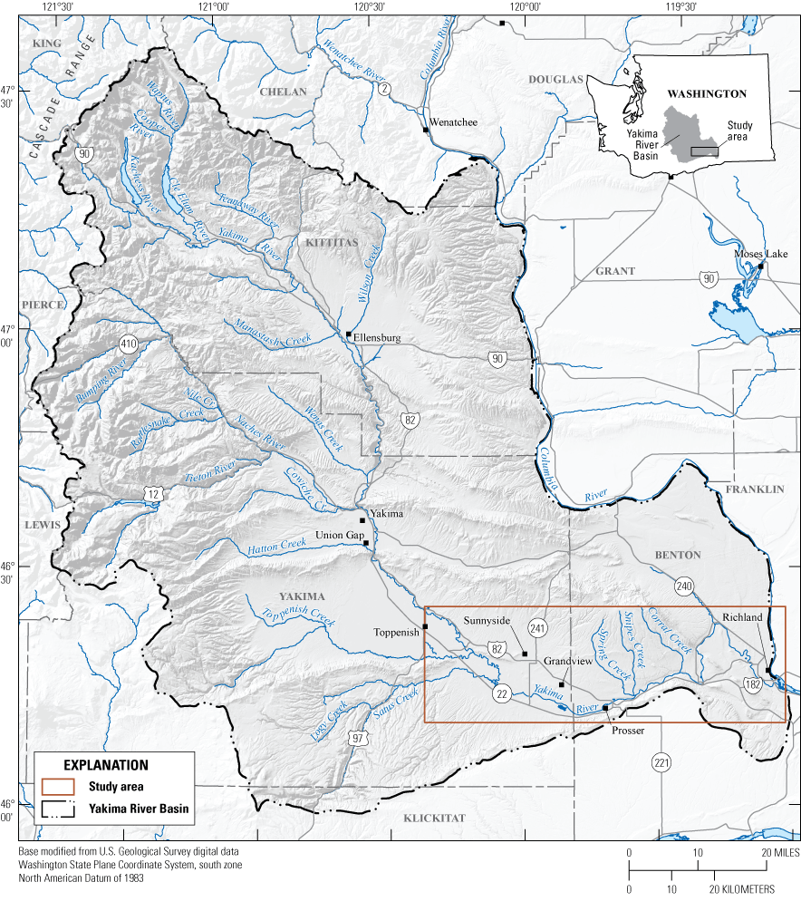The study area for this project was in the lower Yakmia River Basin between the towns
                     of Toppenish and Richland, Washington.