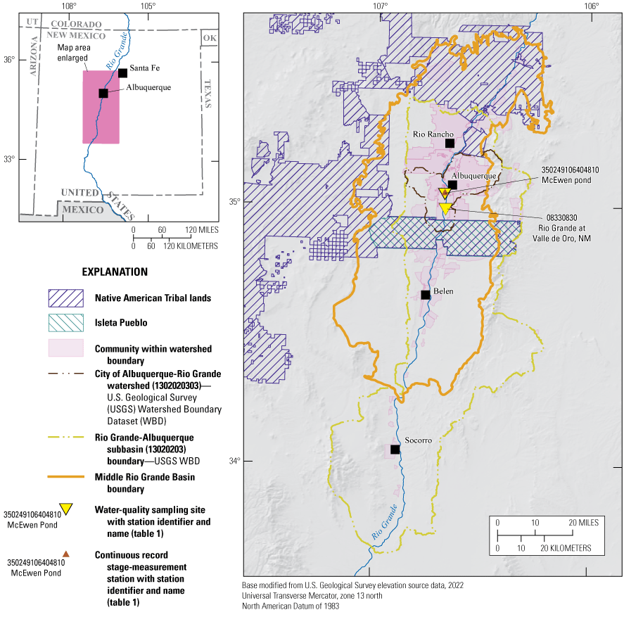 Figure 1. Map of study area in Rio Grande-Albuquerque HUC 8 watershed and Middle Rio
                     Grande Basin, central New Mexico.