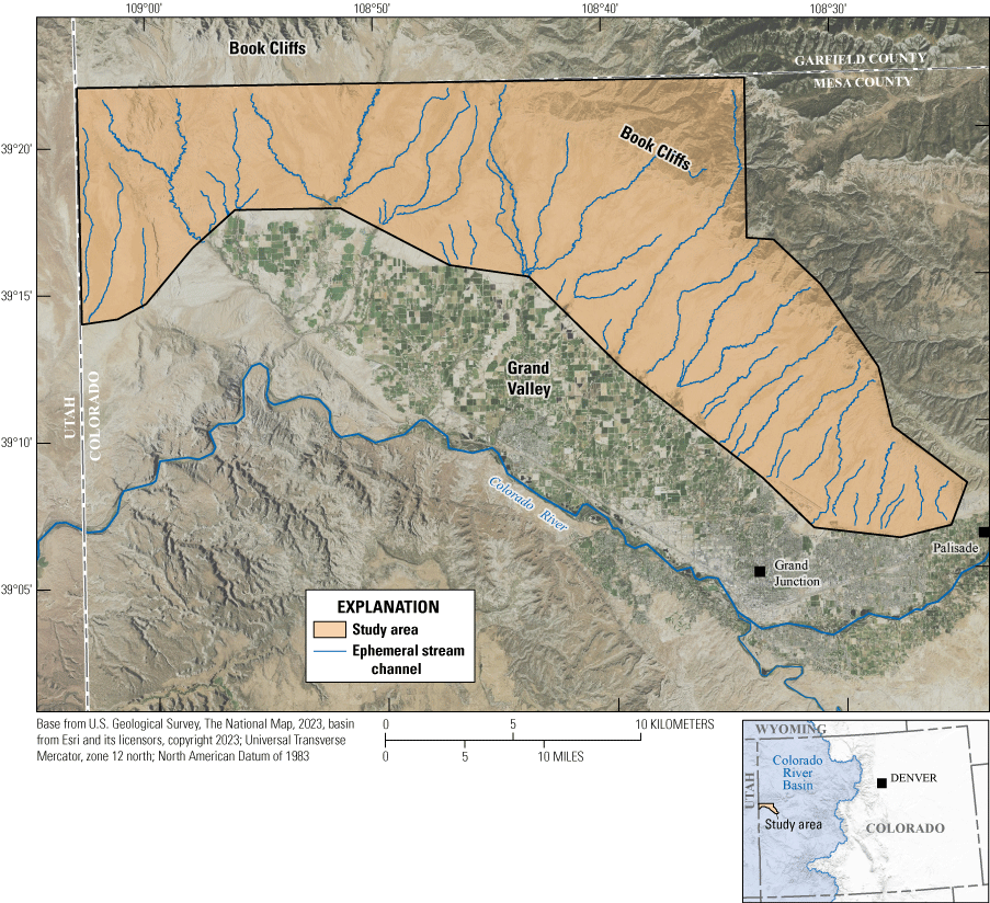 Map of 48 ephemeral stream channels in the Grand Valley, western Colorado, extracted
                     from a 1-meter digital elevation model.