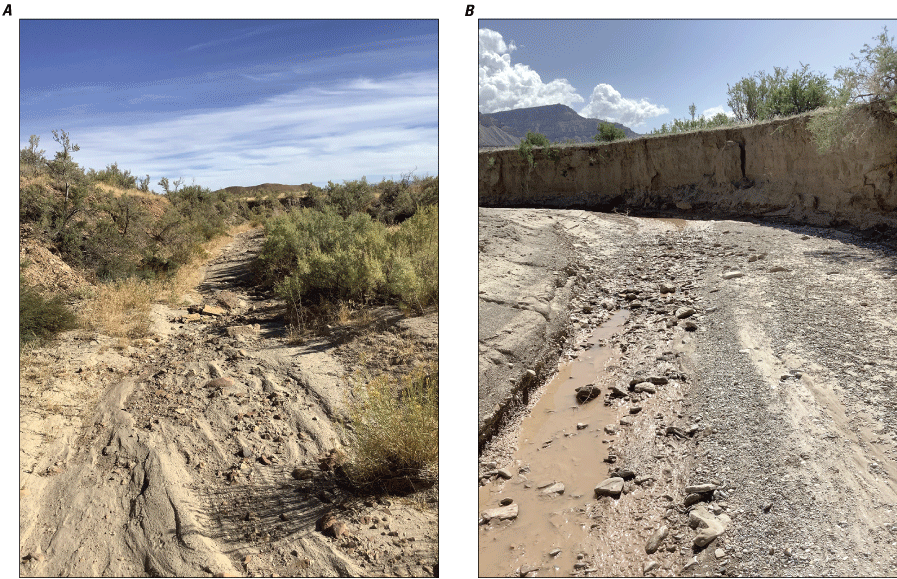 The first photo shows a shallow, narrow streambed; the second shows a wider streambed
                        with higher sides.