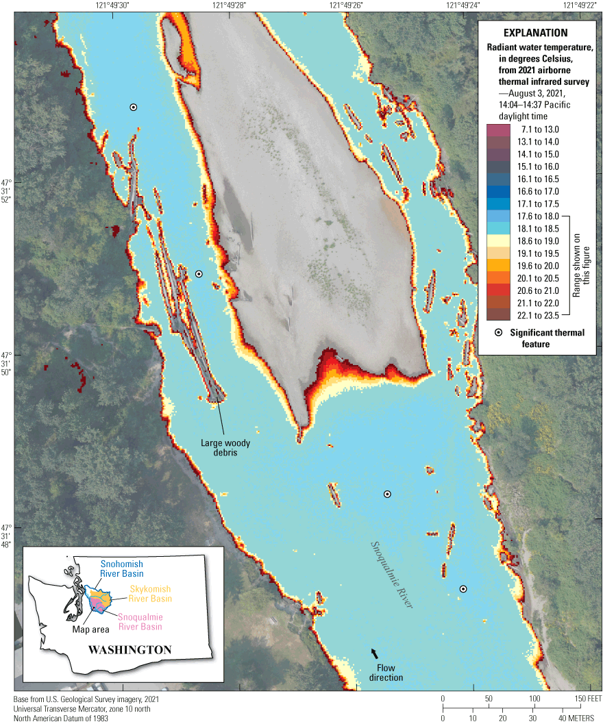 Imagery from the 2021 airborne thermal infrared survey of the Snoqualmie River shows
                        slightly colder hyporheic flow downstream from large woody debris.