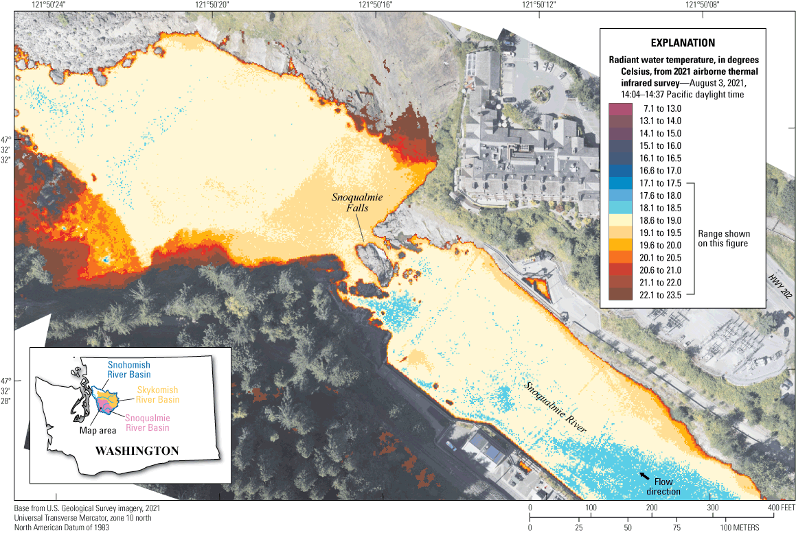 Imagery from the 2021 airborne thermal infrared survey of the Snoqualmie River shows
                        cold-water anomalies just upstream from Snoqualmie Falls that were attributed to stratified
                        flow already within the channel that was forced to the surface.
