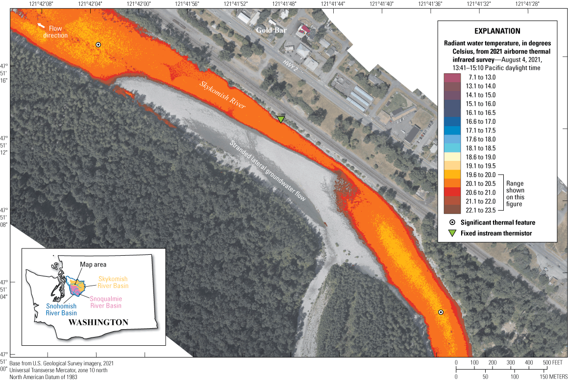 Imagery from the 2021 airborne thermal infrared survey of the Skykomish River shows
                        stranded lateral groundwater flow at the confluence of a dry side channel near river
                        mile 21.