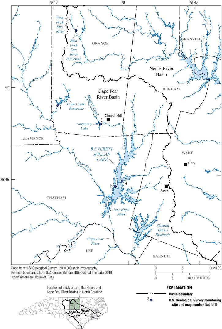Figure 1. Map shows locations of water-supply reservoirs and water-quality monitoring
                     sites in study area, April–October 2014.