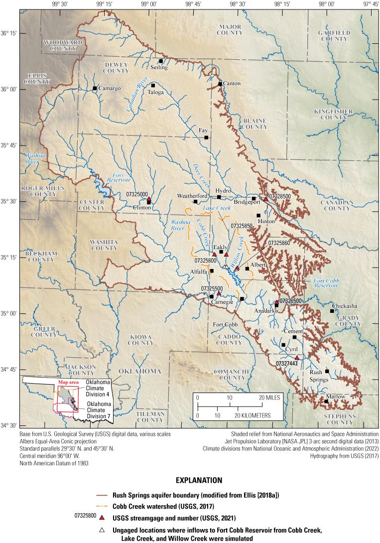 Figure 1. Map shows streamgage and ungaged locations, selected Oklahoma climate divisions,
                     and the extent of the Rush Springs aquifer.