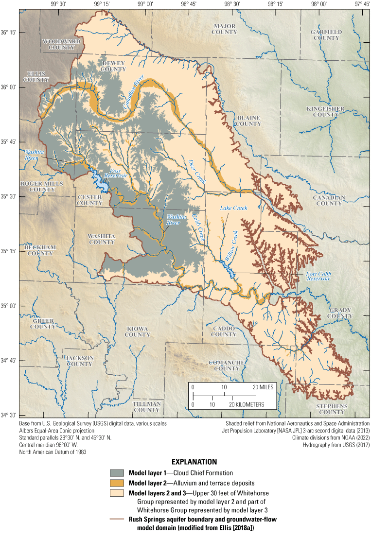 Figure 9. Map of study area shows the three model layers within extent of Rush Springs
                     aquifer groundwater-flow model domain.