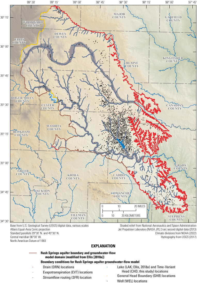 Figure 10. Map shows study area boundary conditions applied to the Rush Springs aquifer
                        groundwater-flow model.